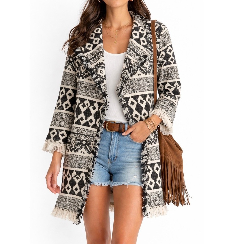 World‎ Market Fringe Duster Cardigan Jacket Boho Southwest Cream Black LXL EUC